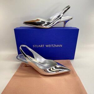 Stuart Weitzman EVA 50 Slingback Heels Sz 6.5 Silver Metallic Kitten Pointed Toe